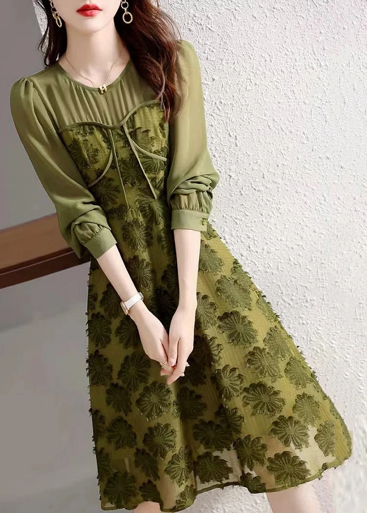 Beautiful Army Green O Neck High Waist Patchwork Chiffon Dresses Fall