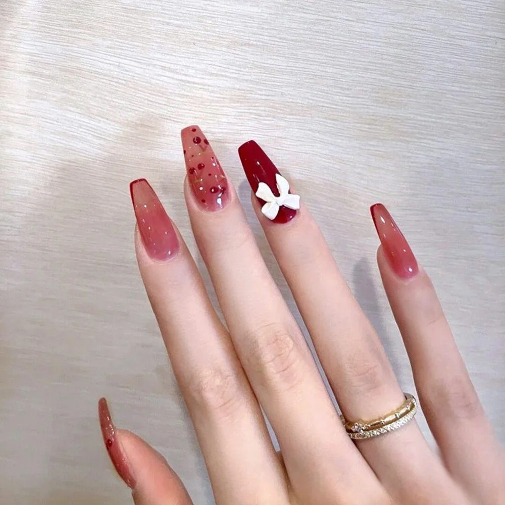 24Pcs Detachable False Nails Long Ballerina Artificial Fake Nails Full Cover Jelly Red Coffin Nail Tips DIY Manicure Tool 0917-Nail Inspo