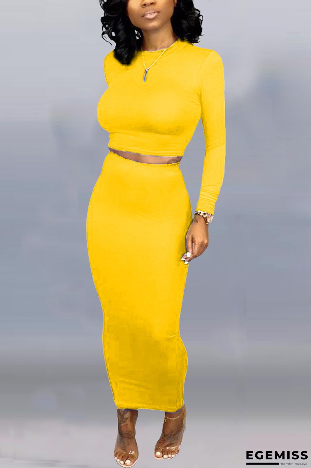 Yellow Celebrities Fashion adult Solid Two Piece Suits pencil Long Sleeve Two-Piece Dress | EGEMISS