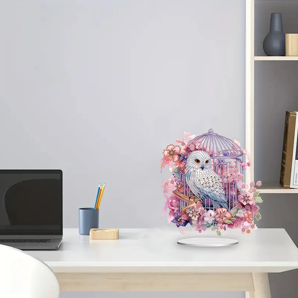 DIY Owl Cage Acrylic Single-Sided Diamond Painting Tabletop Ornament Kit for Office Desktop Decor(20*25cm)