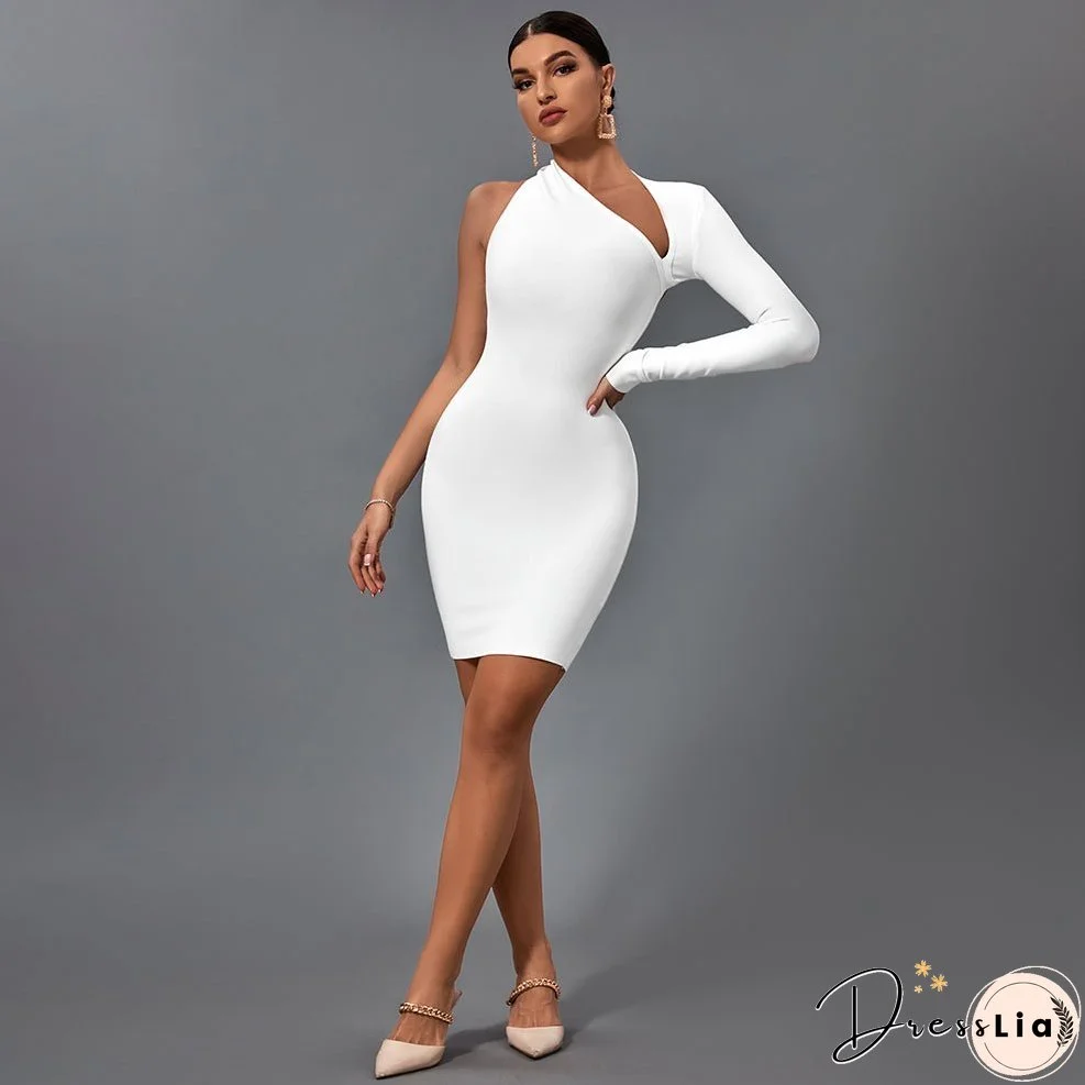 Halter One Sleeve Asymmetrical Mini Bandage Dress