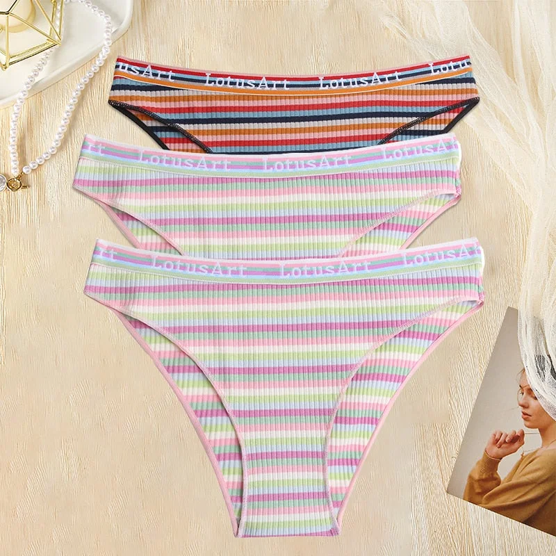 FINETOO 3PCS/Set Women Cotton Seamless Panties for Female M-XL Underwear Panty Sexy Colorful Striped Lingerie Letter Waist Brief