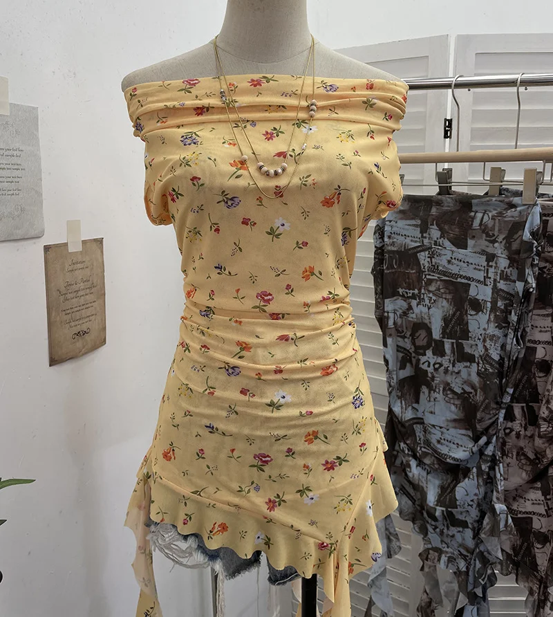 Nigikala Nigikala Shooting Holiday Wind Shoulder Folding Net Grums Flower Top Design Feeling Drift With Unique T-Shirt 1203