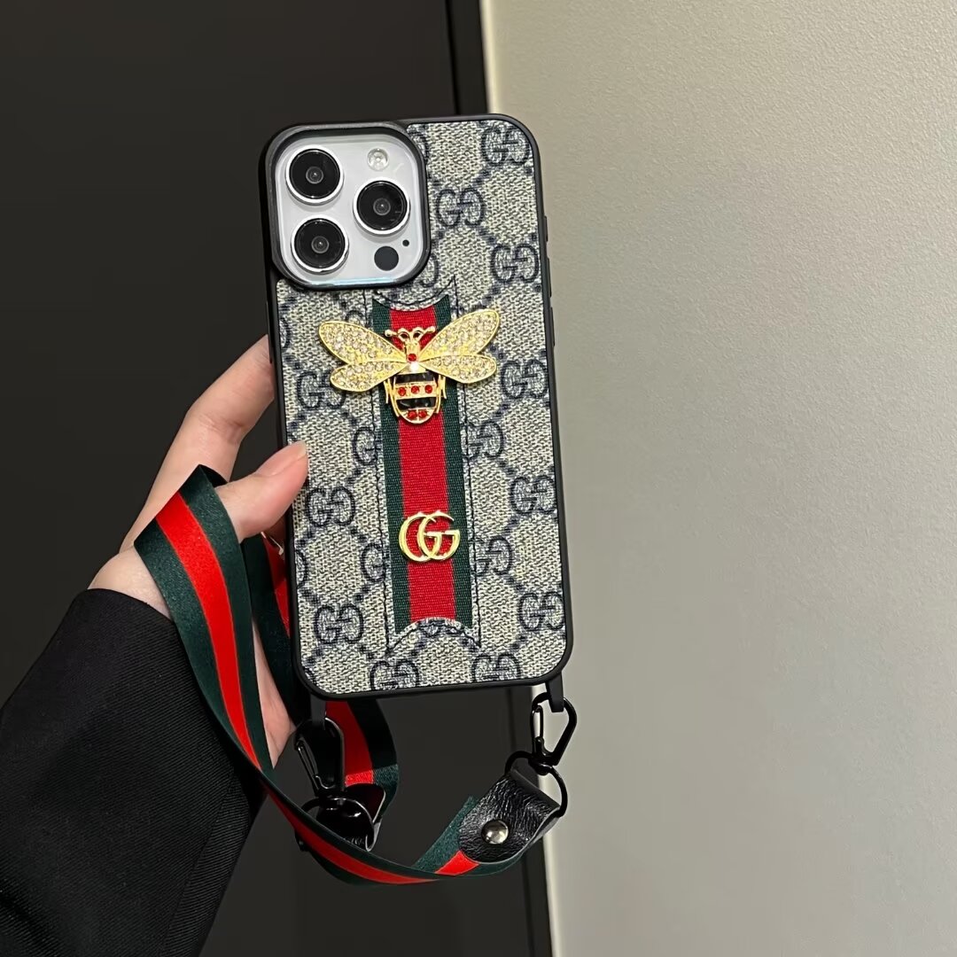 Gucci Ribbon Hand Rope 3D Bee Ophidia GG Apple iPhone16 ~11 Case Samsung Cover