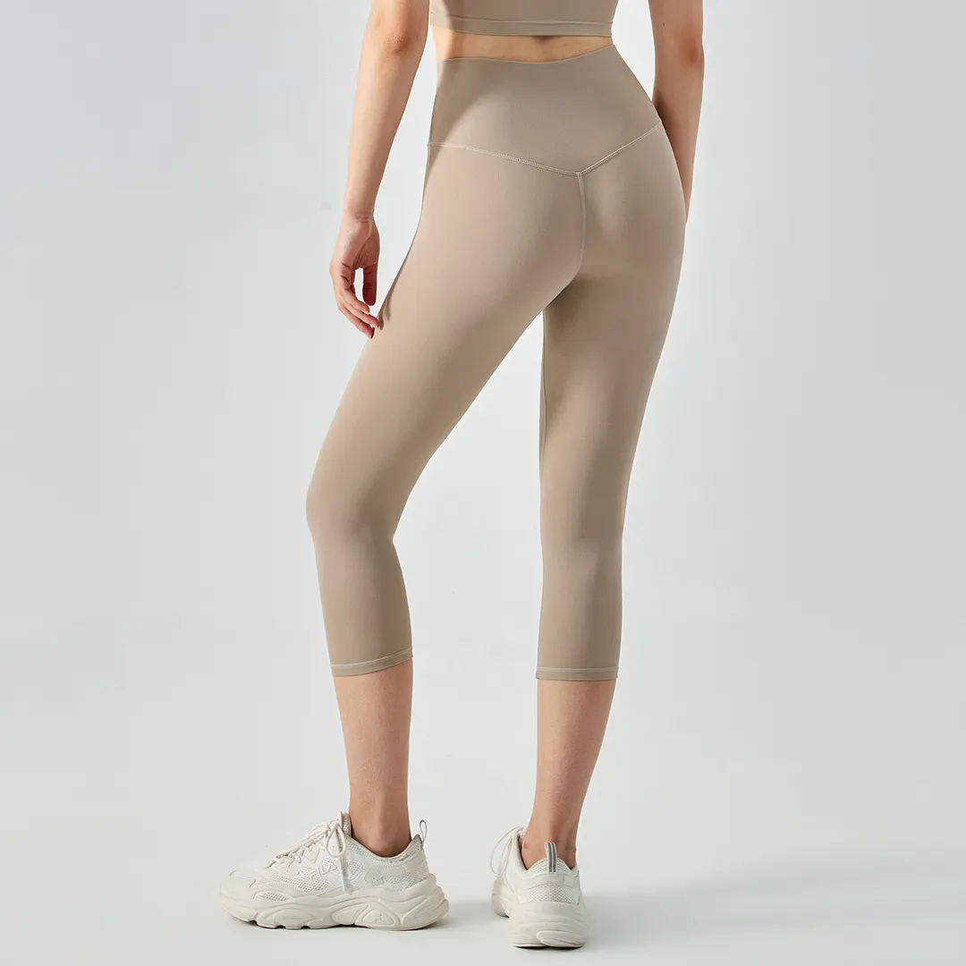 Different types of no camel toe high waist buttery soft brushed stretchy yoga capri leggings online shopping on Hergymclothing Khaki