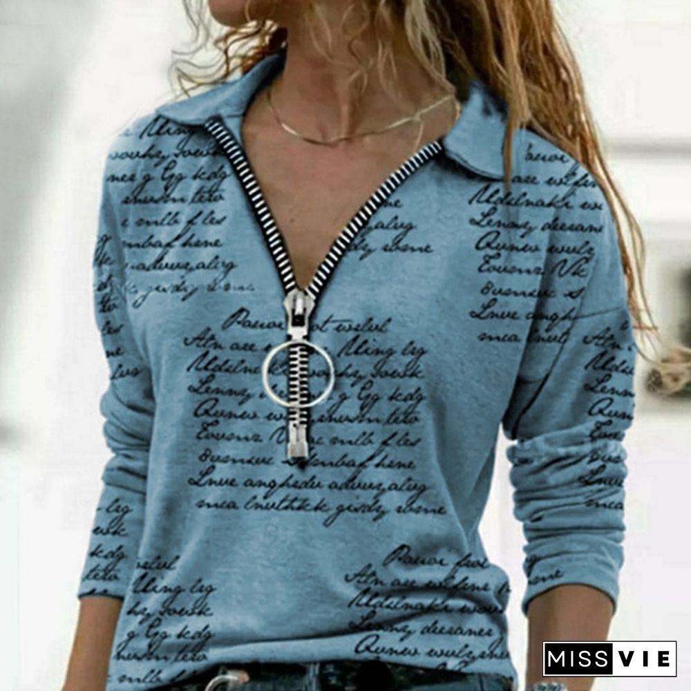 Fashion Womens Neck Long Sleeve Tops Ladies Casual Shirts Zipper Letter Print Blouse Plus