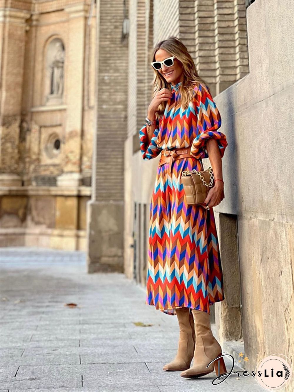 Casual and Loose Print A-line Dress with Waist Reduction