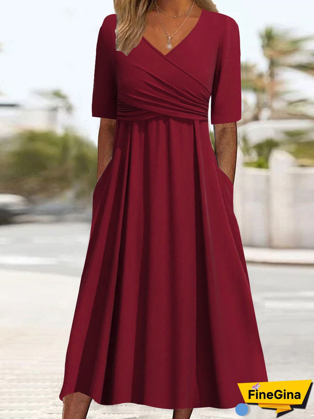 Women's Half Sleeve V-neck Solid Color Midi Dress