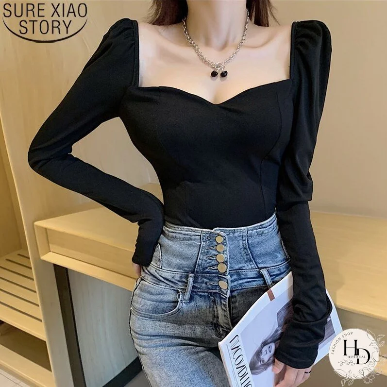 Back To College Autumn Long Sleeve T-shirts Women Tops Elegant Square Collar Shirts Solid Puff Sleeve Slim Blouses Tops Sexy V-neck Tshirt 12605