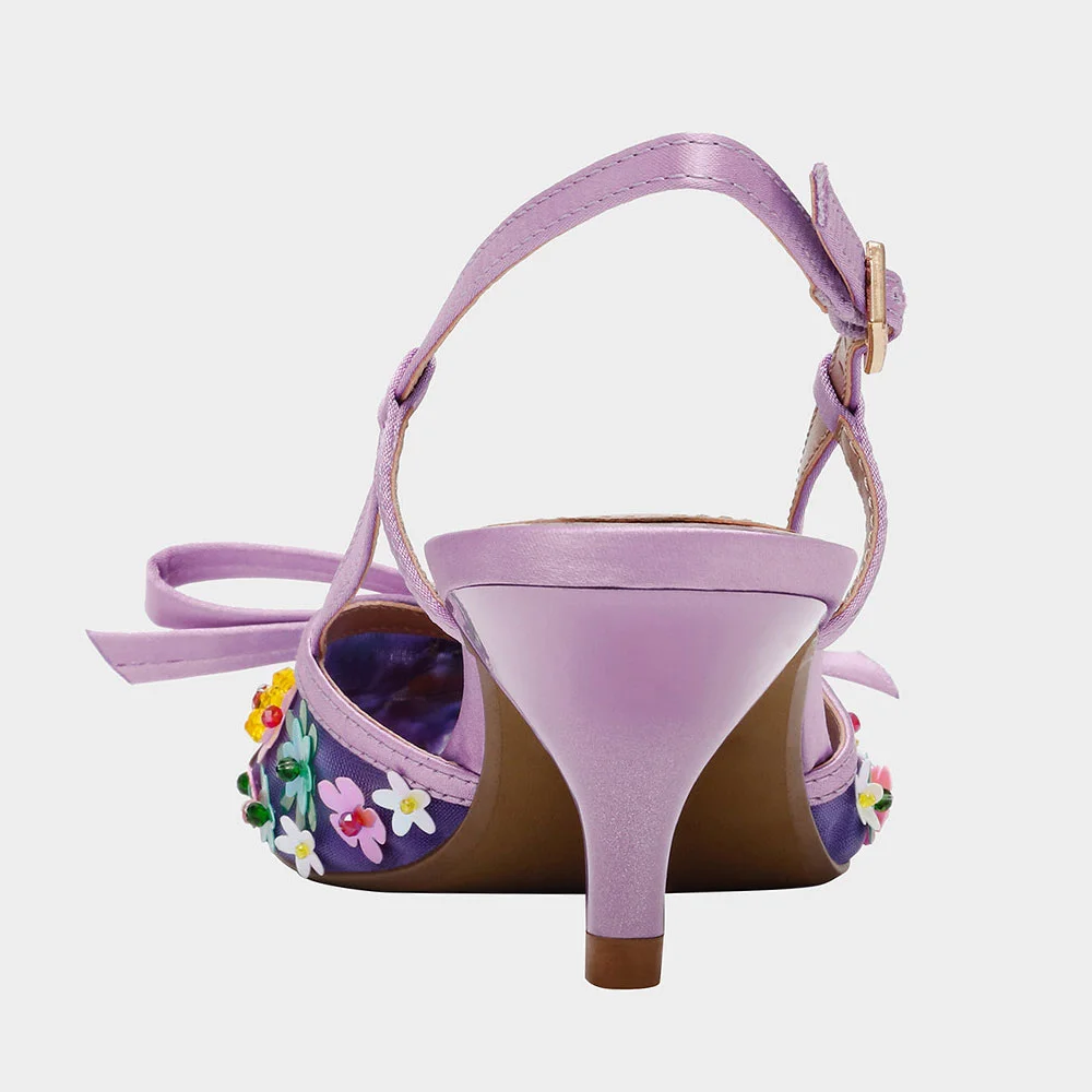 Pointed Toe Purple Slingback Pumps Heels with Colorful Flowers