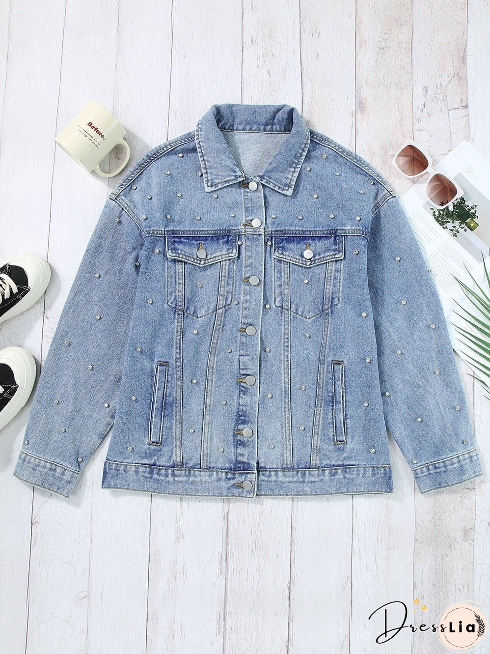 Light Wash Denim Jacket with Crystal Detail