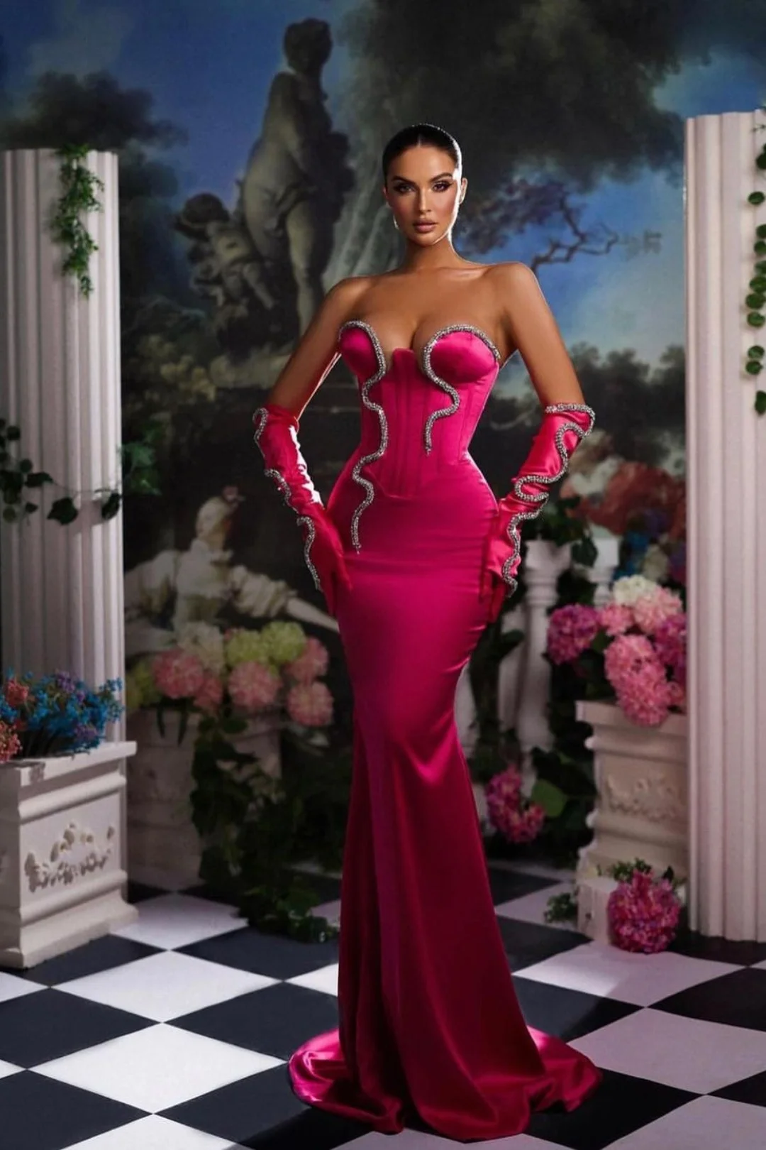 Lisliy Fuchsia Prom Dress Mermaid Half Sleeves Strapless Gown 
