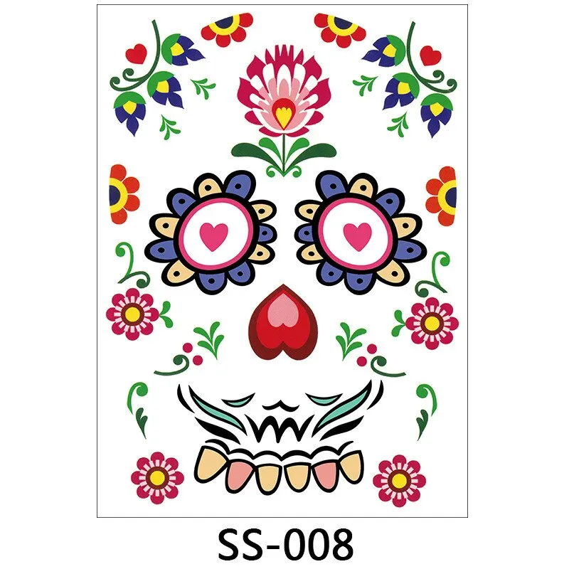 Halloween Temporary Face Tattoos, 1 Sheets Floral Day of the Dead Sugar Skull Face Tattoo Kit Halloween Tattoos