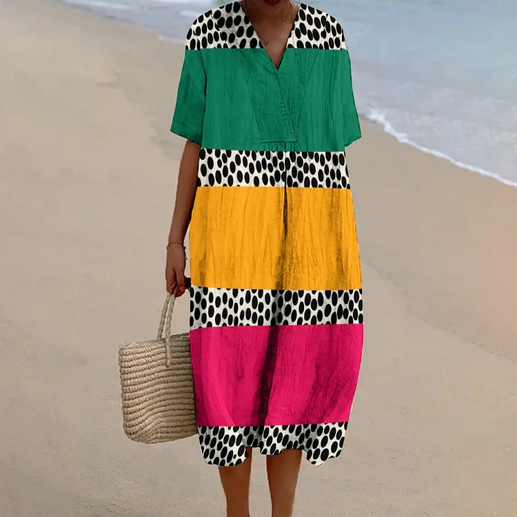 Women's Polka Dot V-neck Print Flowy Linen Dress