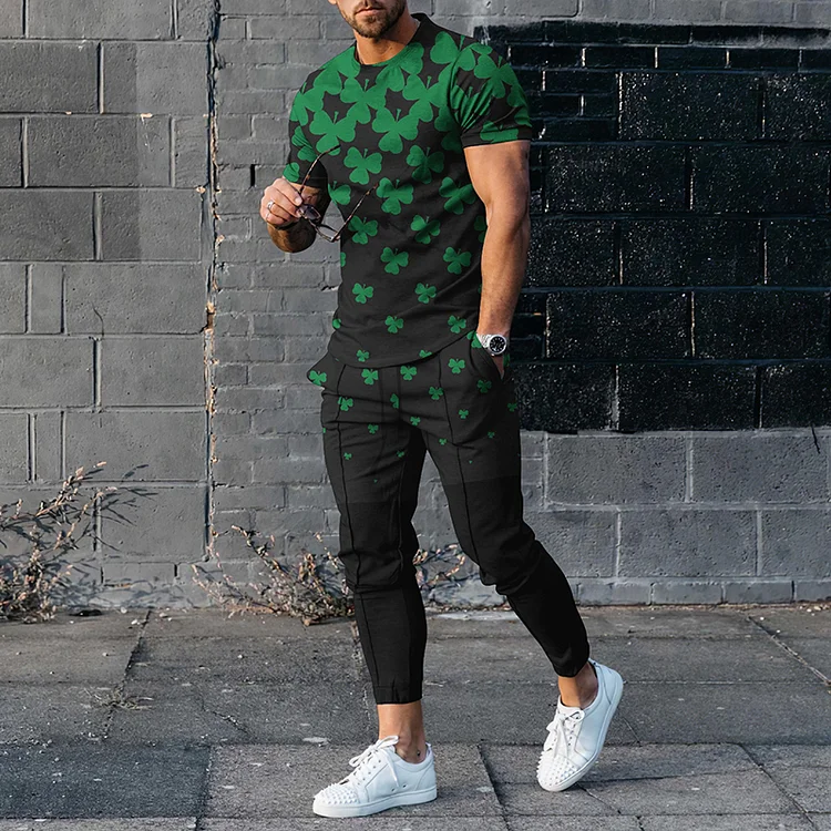 BrosWear Clover Gradient Men's Sports Leisure Short Sleeve T-Shirt And Pants Co-Ord