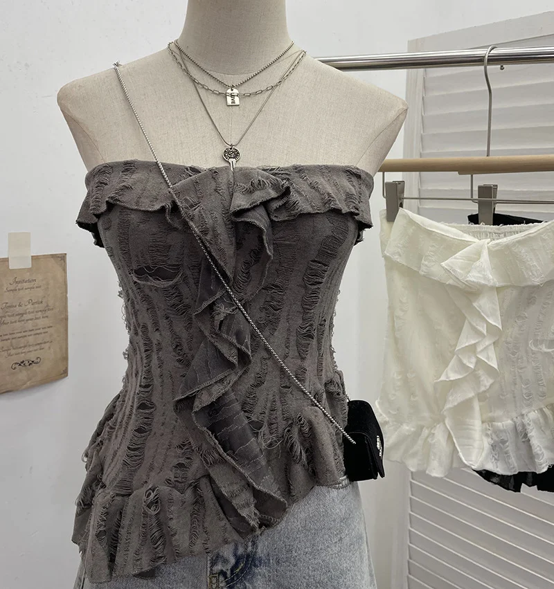 Zingj Real Shooting Wasteland Wind Thoracic Thoracic Do Old Hole Irregular Lotus Leaf Side Vest Millennial Babes Sleeveless Top 9228