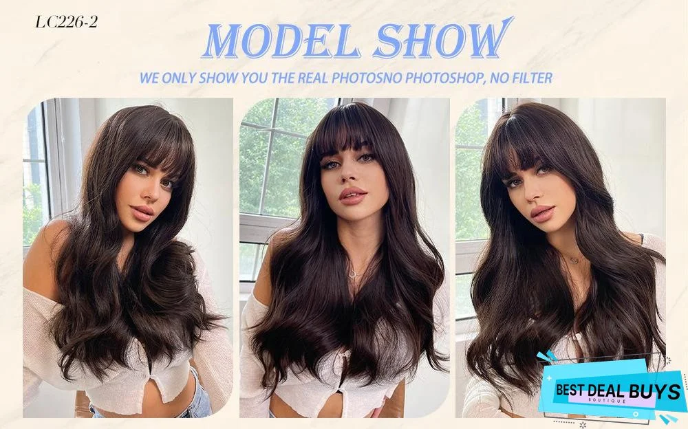 Long Brown Wigs with Bangs Wave Synthetic Wigs For Women