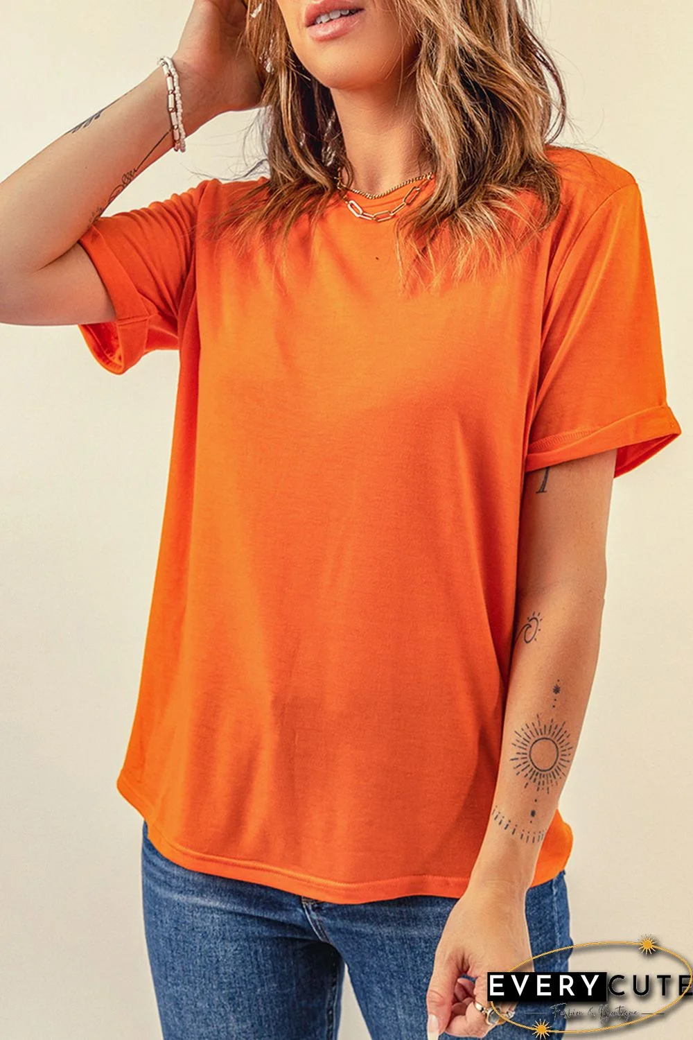 Orange Solid Color Crew Neck Tee