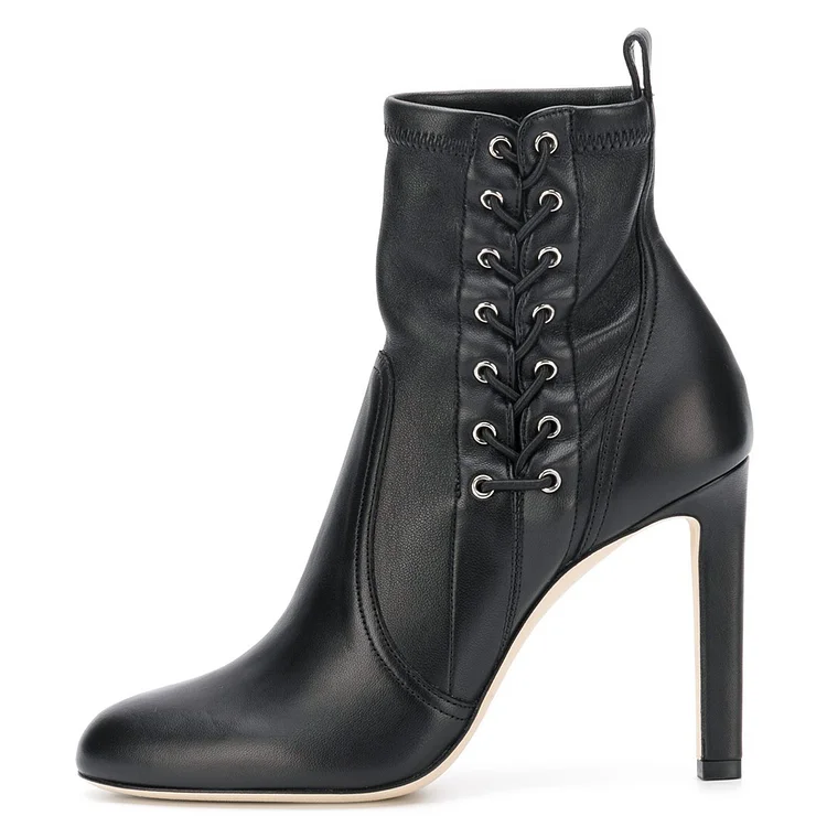 Black Lace Up Chunky Heel Almond Toe Ankle Boots |FSJ Shoes