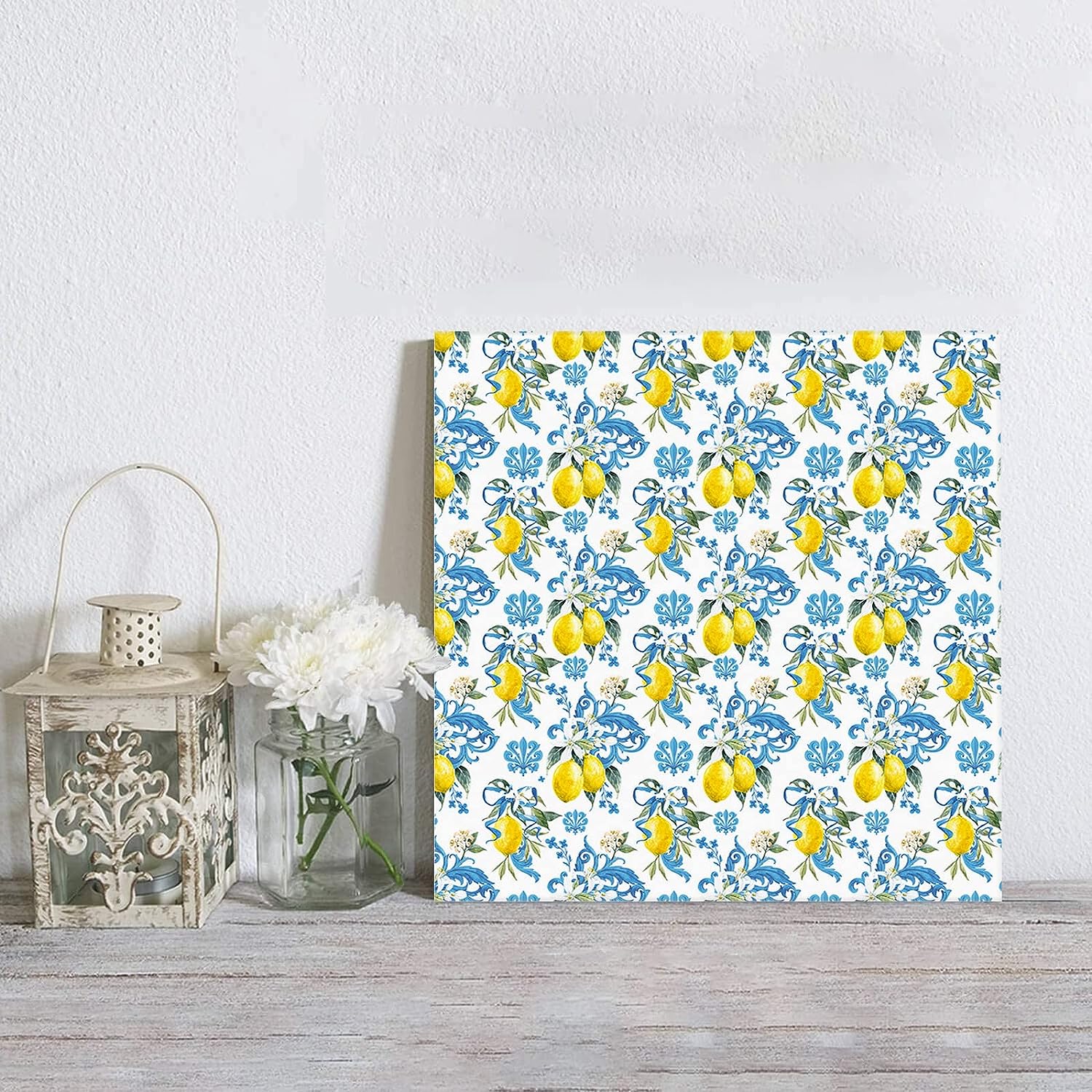 Canvas Wall Art for Bathroom, Vivid Framed Wall Art, Baroque Blue Texture Summer Lemons Tile Pattern Canvas Prints Painting Wall Decor for Living Room, Office, Kitchen, Bedroom 8 inch x8 inch  8&#034;x8&#034;