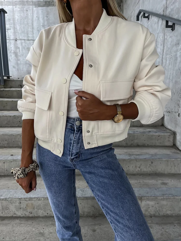 Women's Solid Color Jacket Stand Collar Crop Jacket