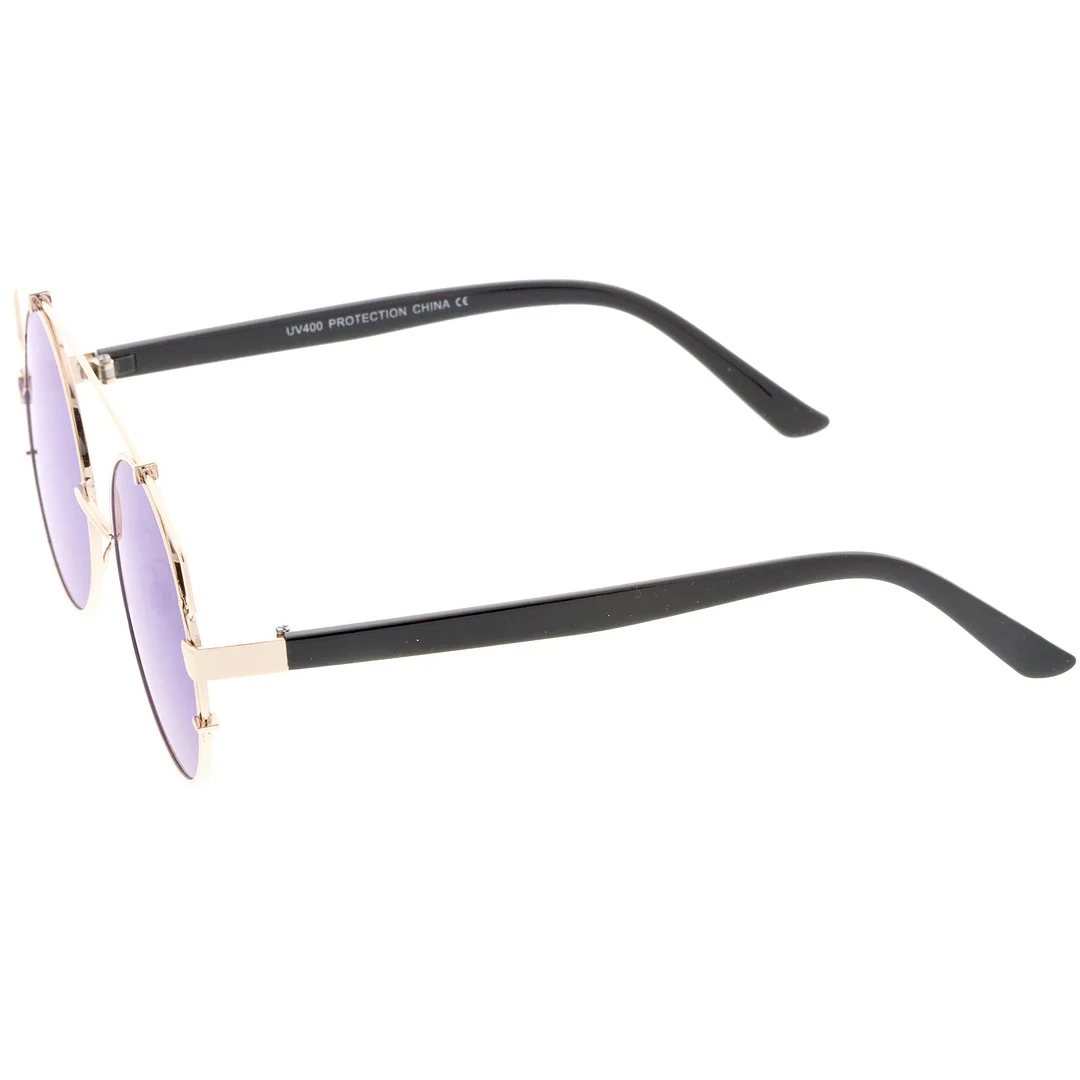 Midsize Metal Frame Horn Rimmed Crossbar Mirror Flat Lens Round glasses 53mm