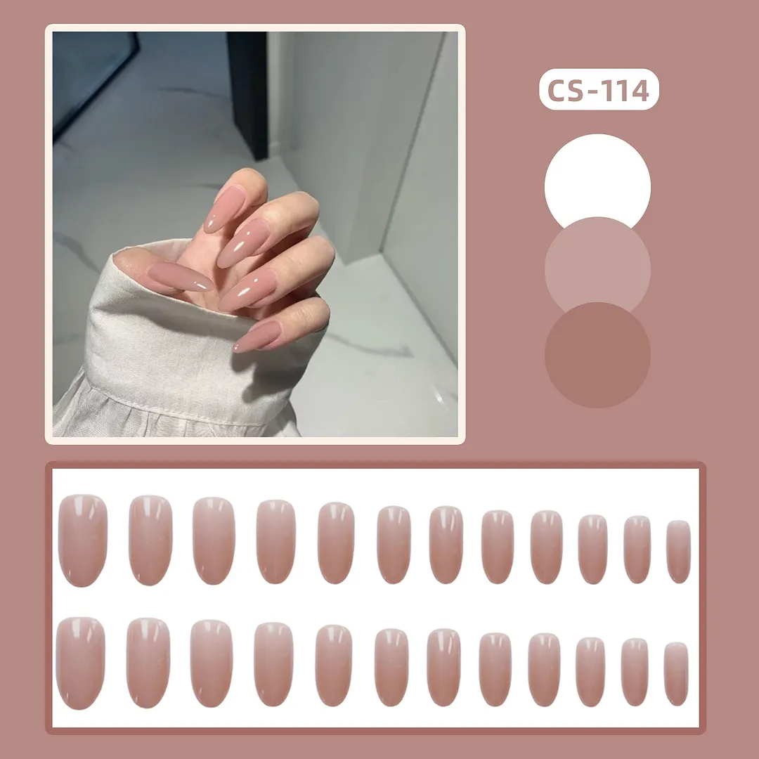 Girls Candy Pink Color False Nails Women Nature Nude Jelly Fake Nail Short Round Head Full Cover Nail Art Tips With Glue 24pcs-Nail Inspo