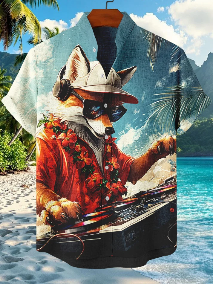 Men's Fox Vacation Play CD Rock Print Short Sleeve Shirt