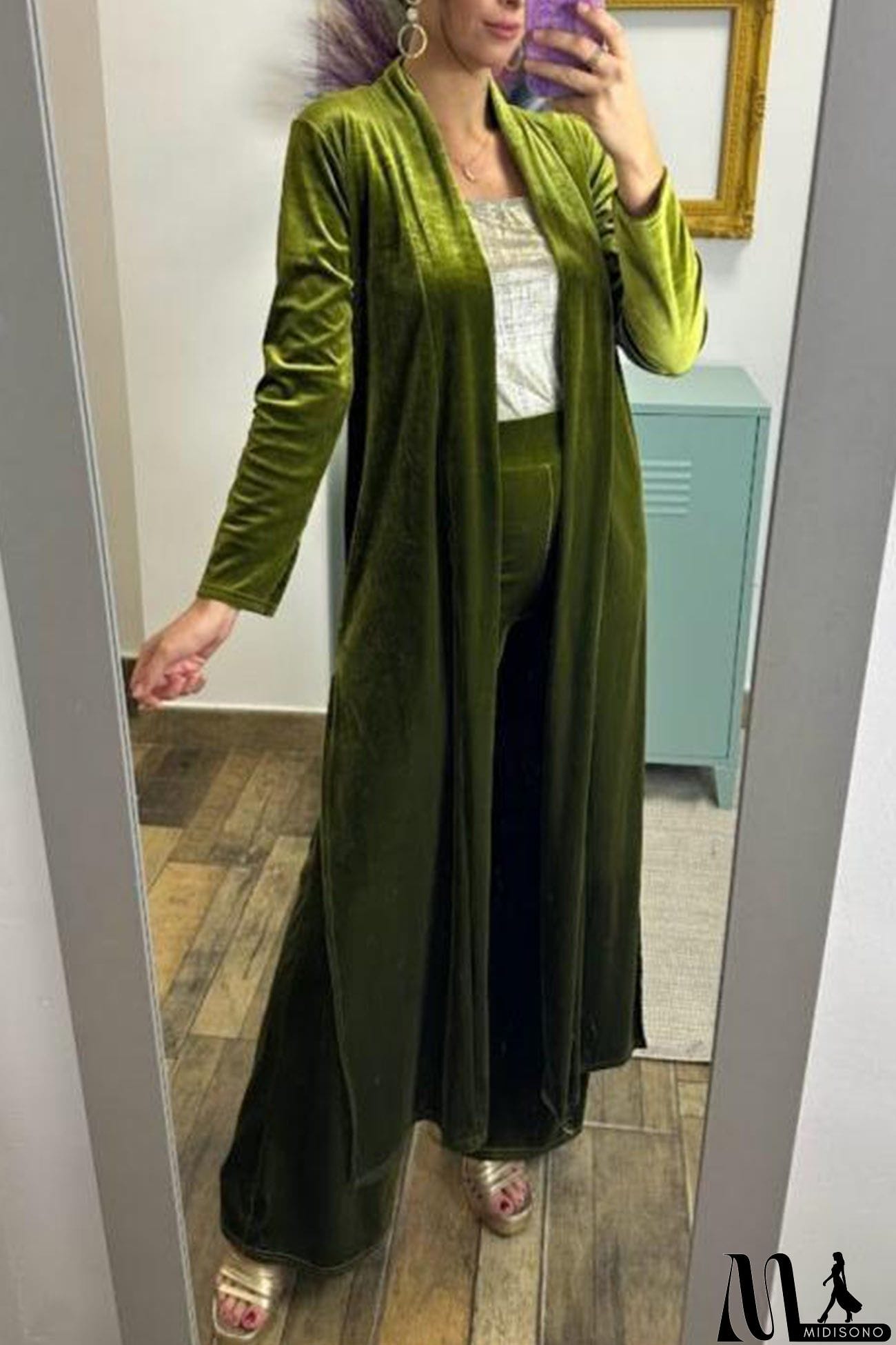 MidiSono - Velvet Slit Long Cardigan Two-piece Pants Suits