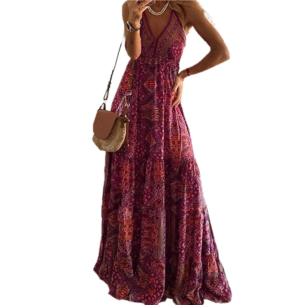 wsevypo Vintage Paisley Print Suspender Beach Dress Summer Boho Women Ladies Spaghetti Straps Maxi Ruffles Sundress Backless