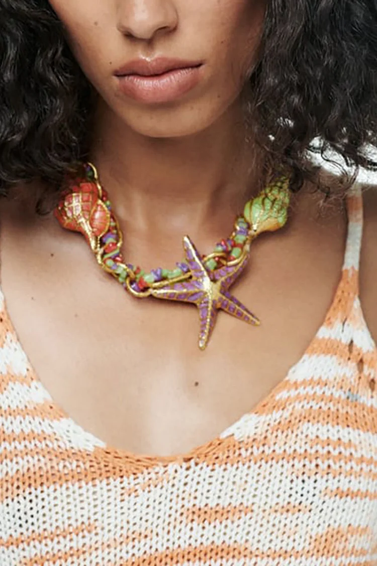 Vacation Beach Starfish Conch Alloy Chain Necklace
