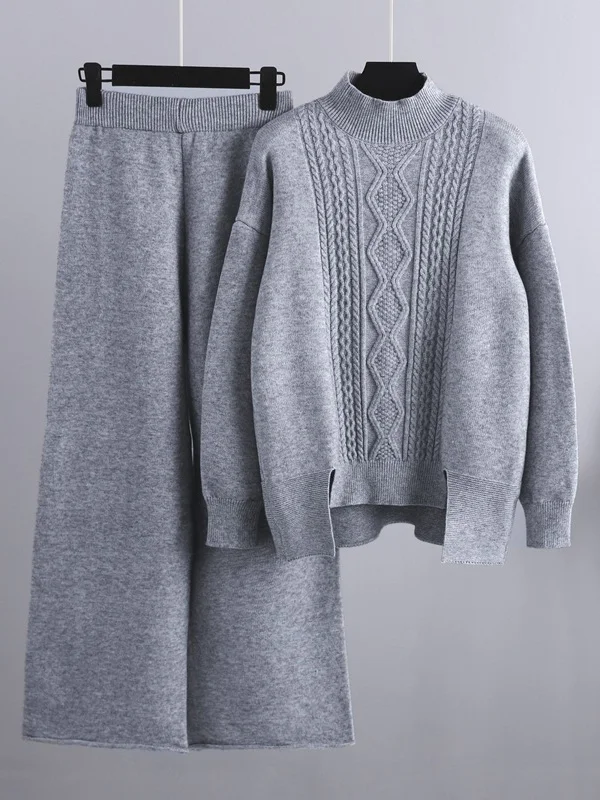 Urban Loose Split-Side Half Turtleneck Sweater Tops& Wide Leg Pants Two Pieces Set