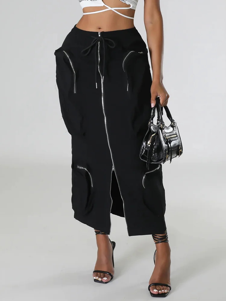 Fashion Zipper Slit Pockets Drawstring Midi Skirt