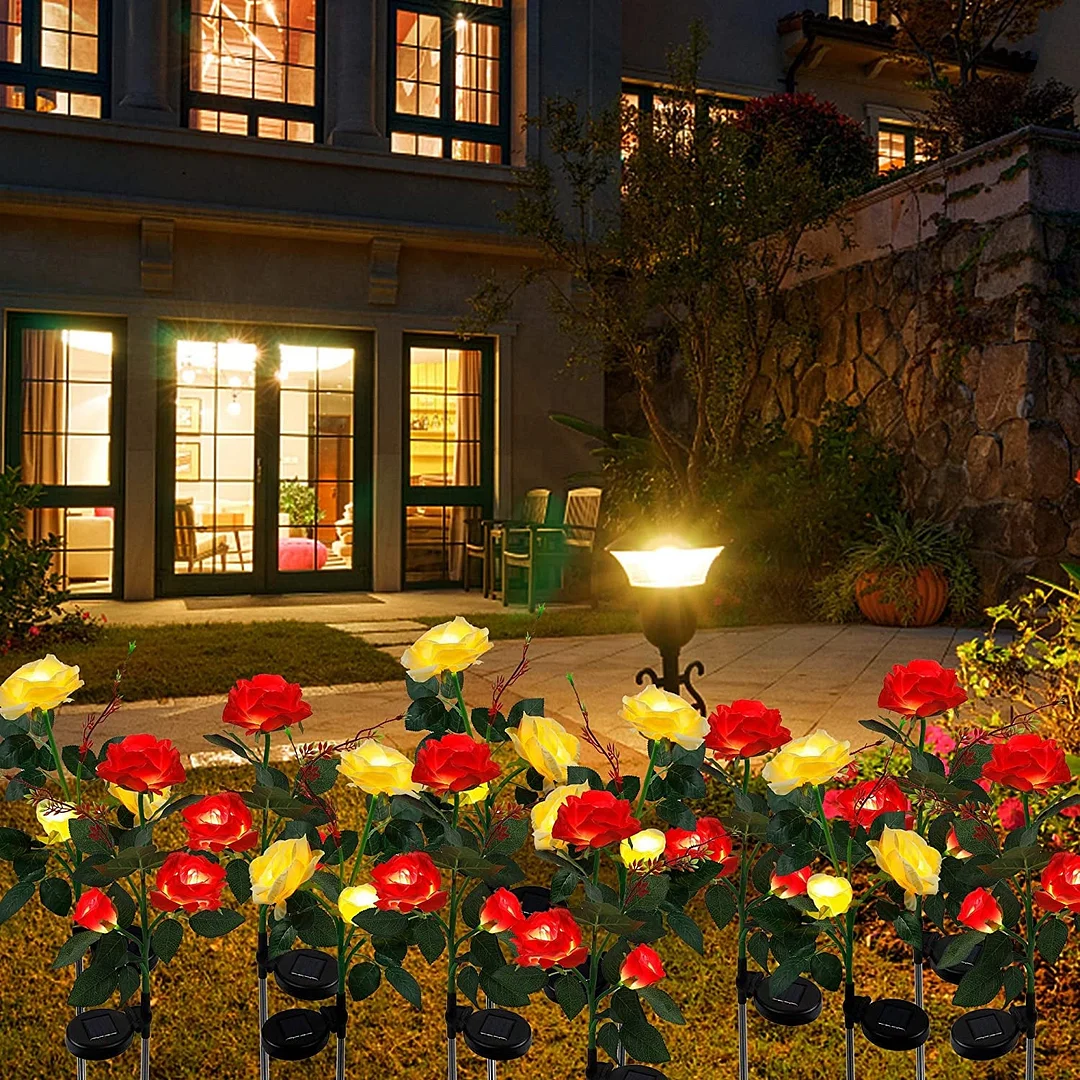2 Packs Solar Rose Flower Stake Lights With 6 Rose Flowers