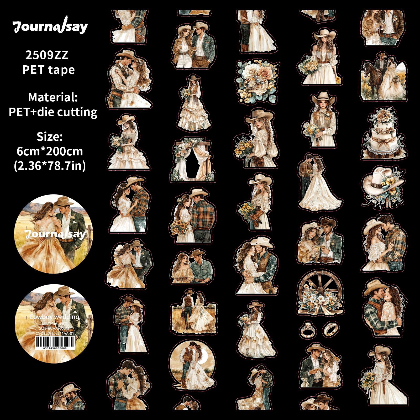 PET 테이프 - 60mm*200cm 빈티지 카우보이 웨딩 캐릭터