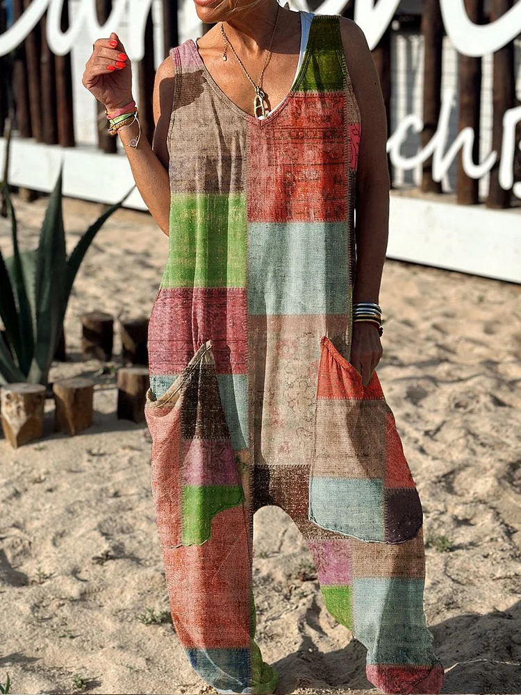 Abstract Pattern Hippie Art Print Casual 100% Cotton Wide Leg Jumpsuit
