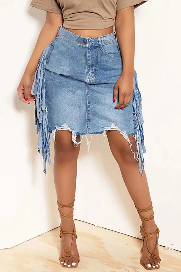 Denim Ripped Fringed Pocket High Waist Mini Skirt
