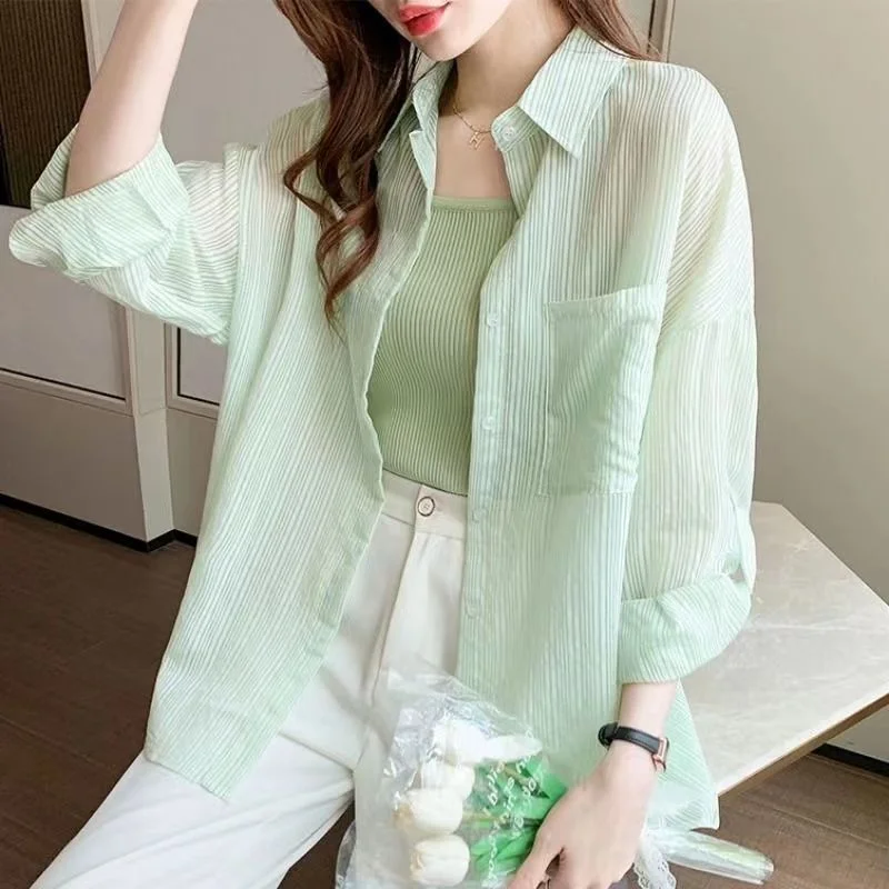 Uveng Uveng Striped Sunscreen Women's Spring And Summer 2025 New Thin Thin Chiffon Shirt Mid-Long Open Shirt Jacket