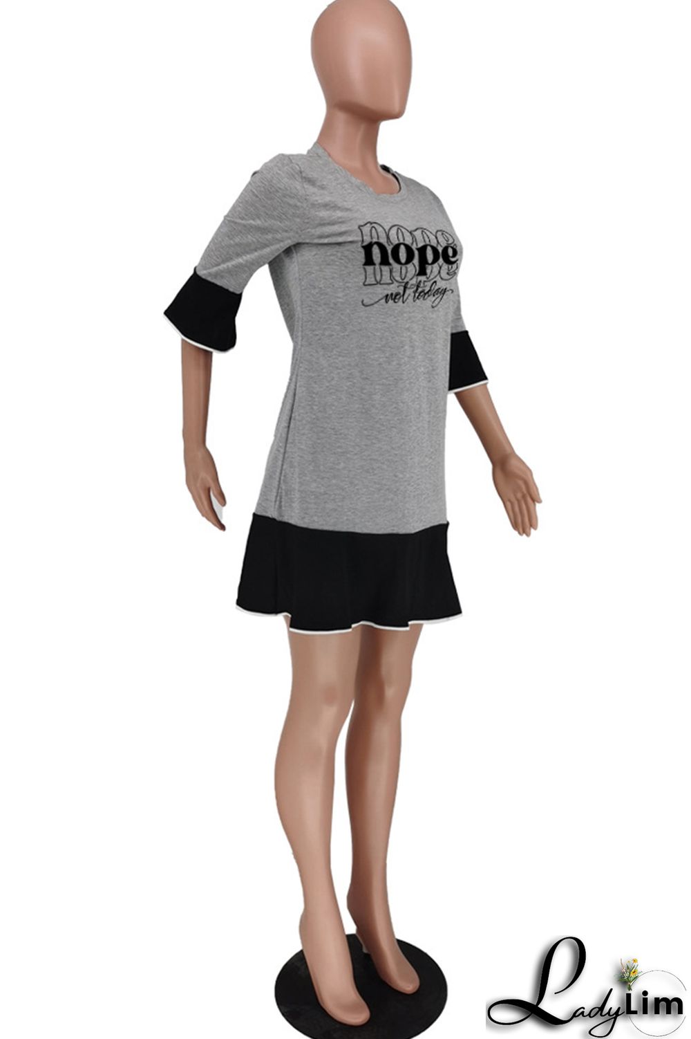 Black Gray Fashion Casual Letter Print Patchwork O Neck Dresses