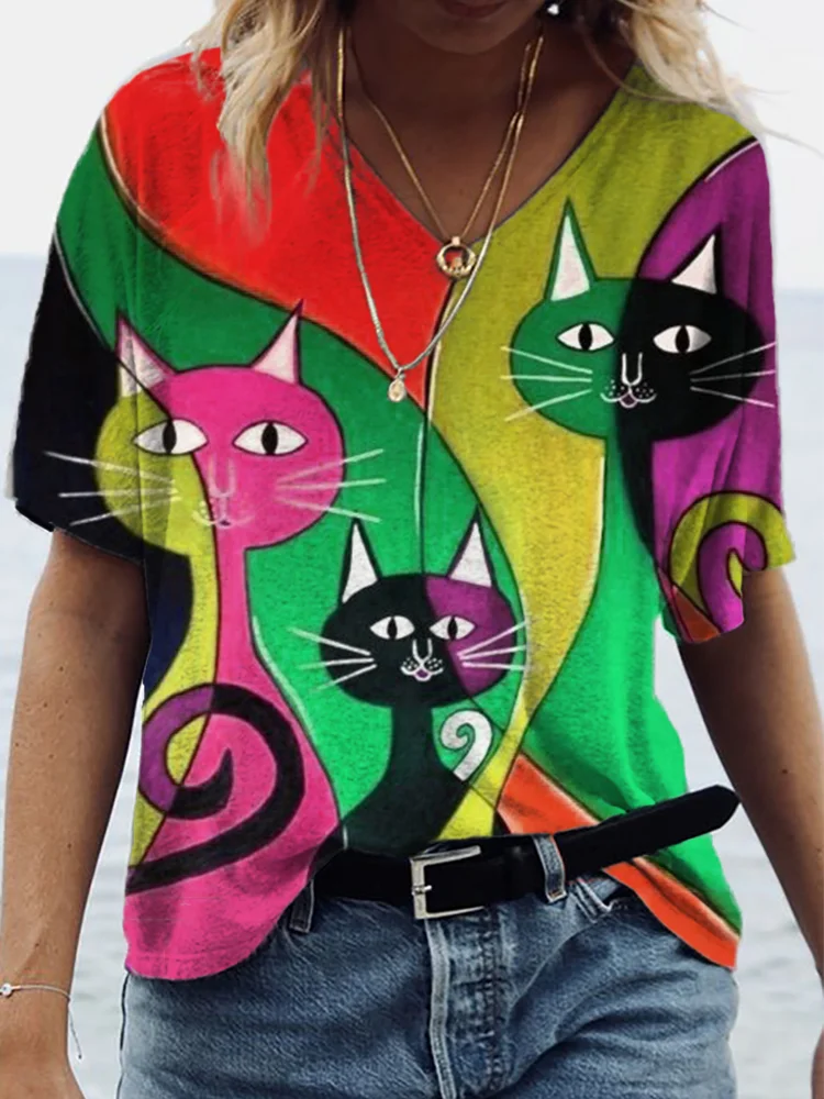 Funny Cats Contrast Color Art T Shirt