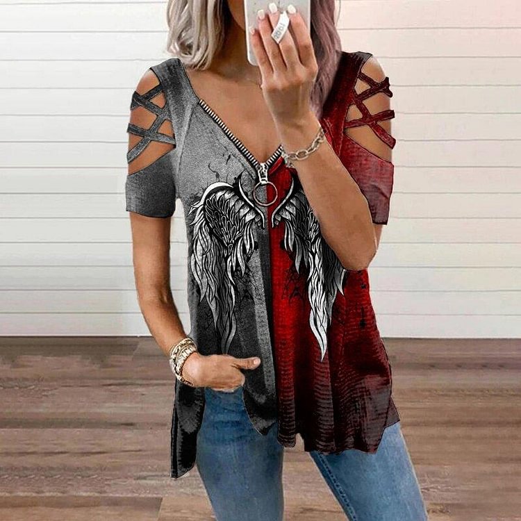 V-neck Zipper Cutout Short-sleeved Printed T-shirt-Mayoulove