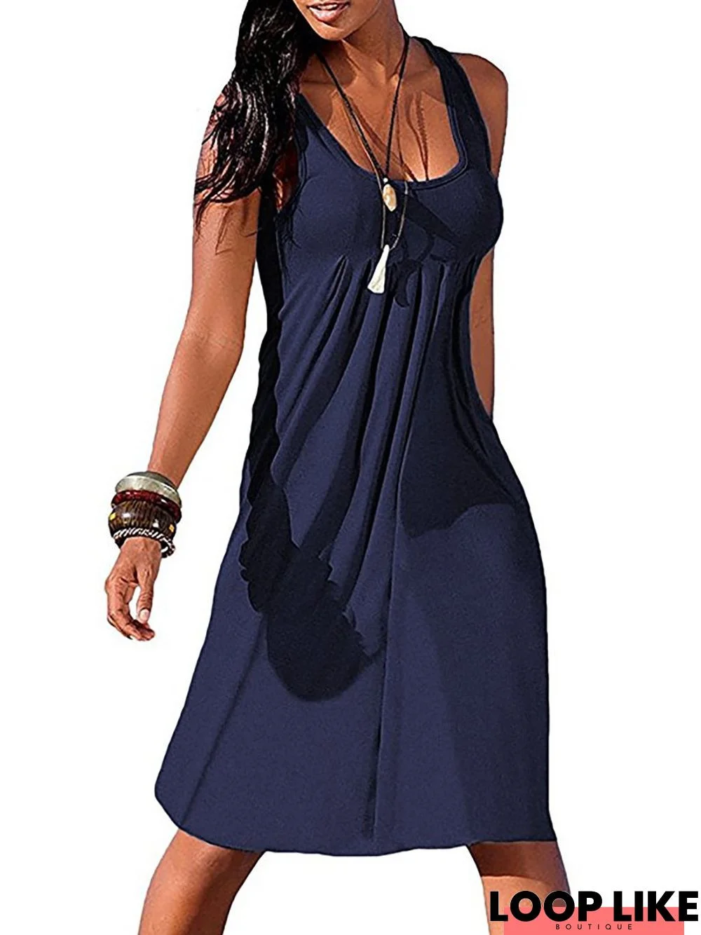 Round Neck Women Summer Dress Shift Beach Cotton-Blend Dress