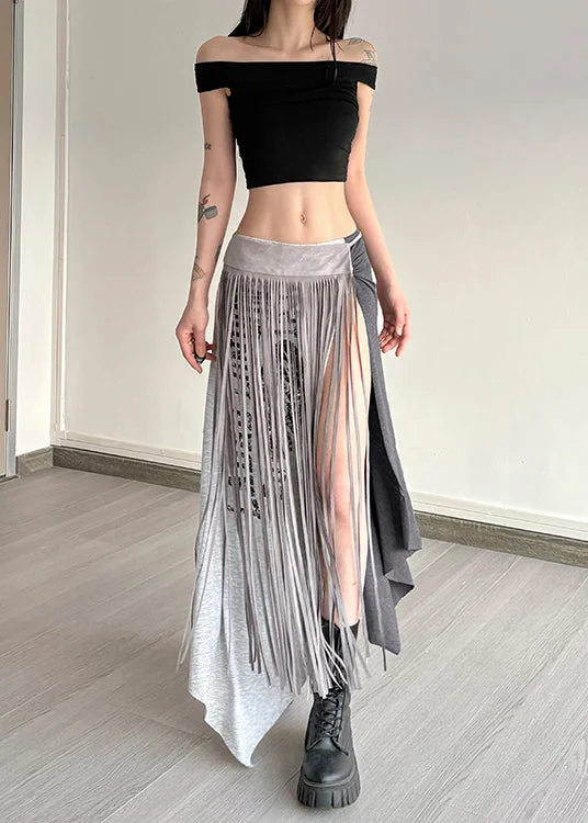 Stylish Grey Tasseled Side Open Cotton Skirt Two Pieces Set Summer