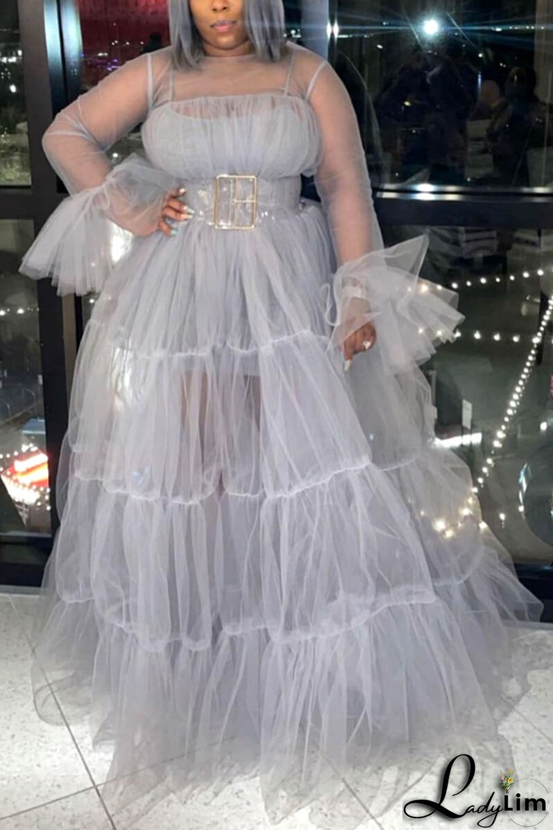 Plus Size Solid Sheer Ruffle Sleeve Maxi Dresses