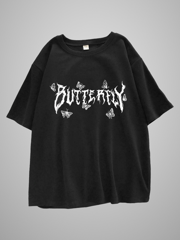 Goth Dark Letter & Butterfly Printed Color Block Loose T-shirt