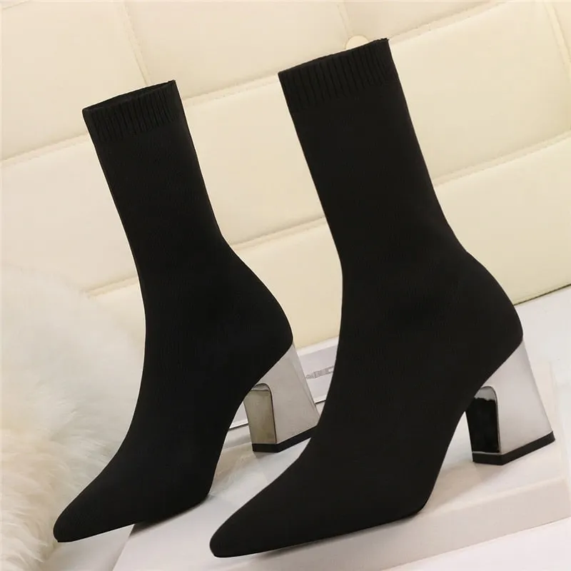 2022 Women Stretch Knitted Sock Boots 7cm 9cm High Heels White Ankle Boots Stripper Low Block Heel Lady Warm Winter Chunky Shoes