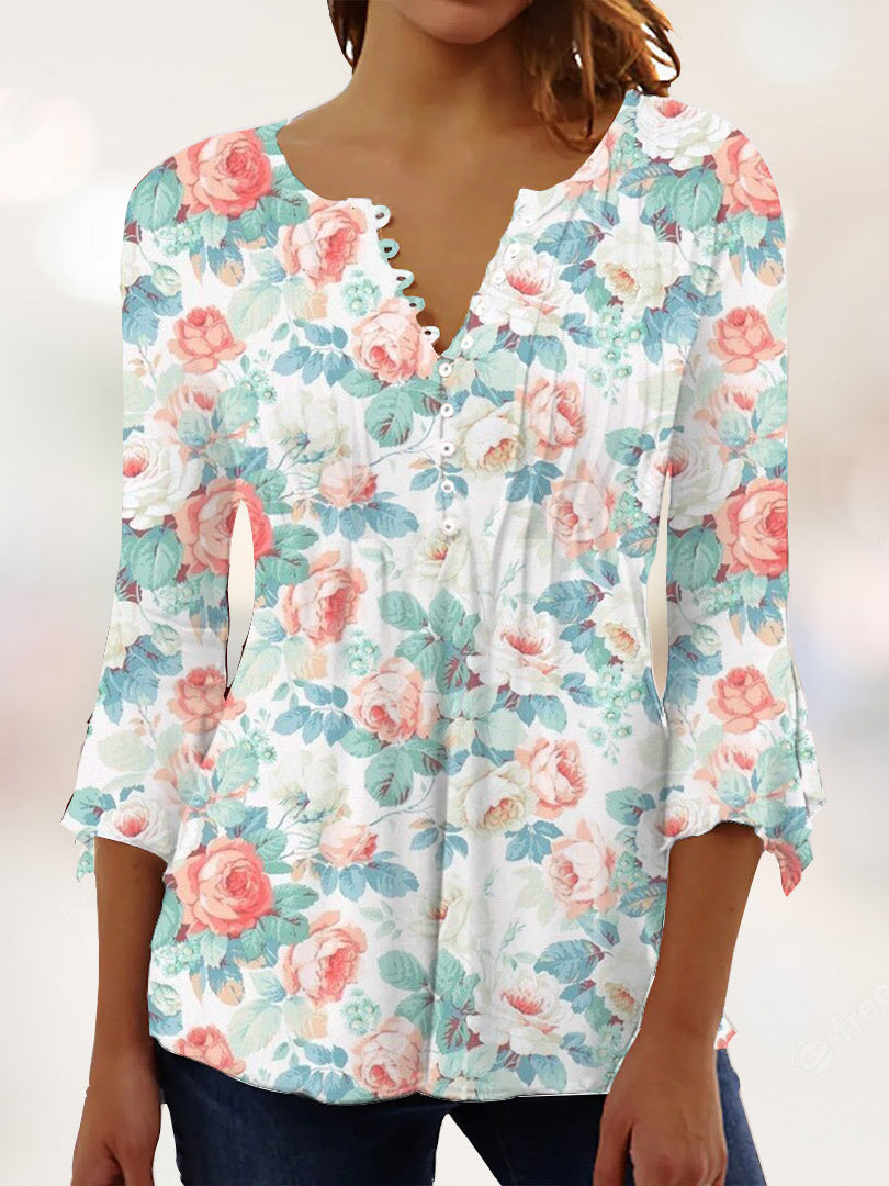 Women Long Sleeve V-neck Graphic Floral Printed Top