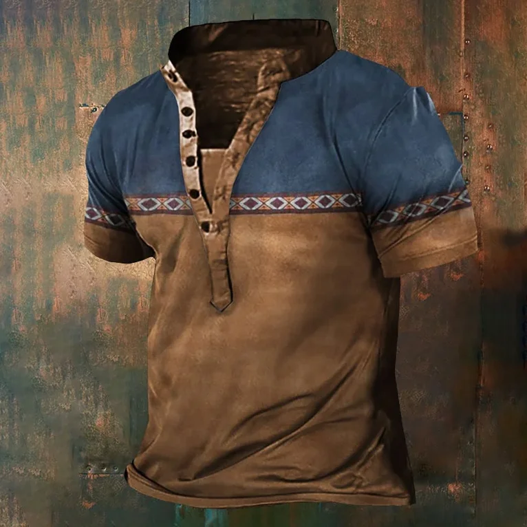 Men'S Western Breasted Henley Casual Short Sleeve T-Shirt
