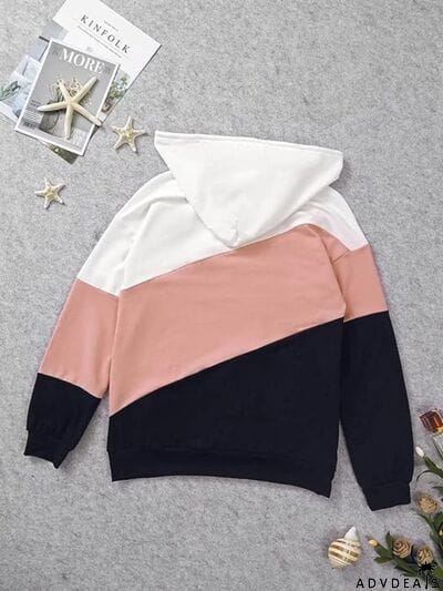 Color Block Drawstring Pocketed Hoodie