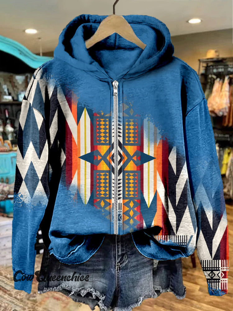 Aztac Print Casual Zip Hoodie Sweatshirt Multicolor / S